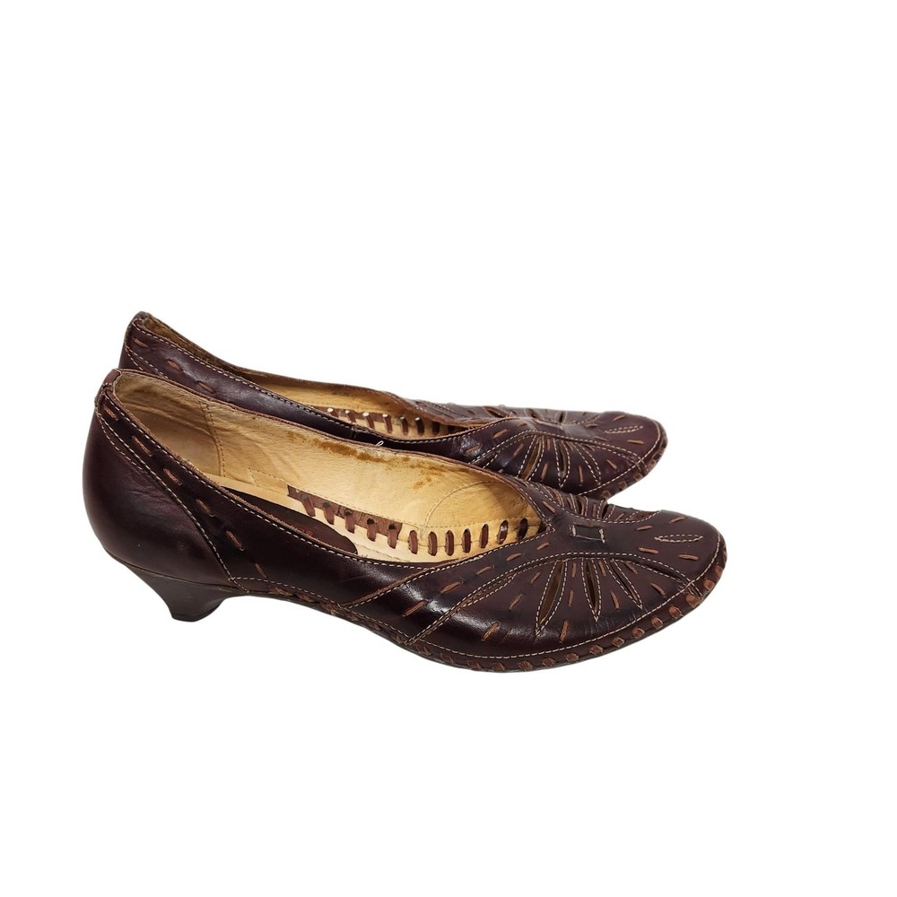 PIKOLINOS‎ Shoes Womens 6.5-7 EU 37 Brown Leather Cone Heel Cutout Pumps Slip On
